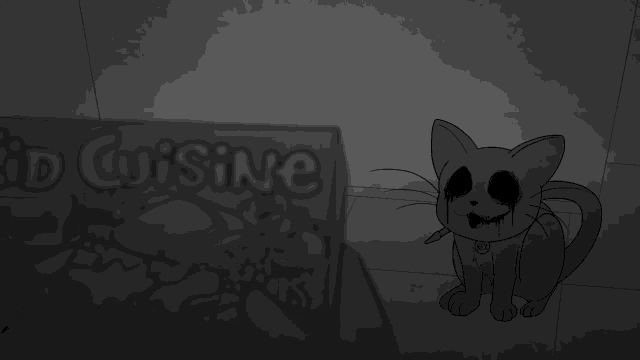a black and white drawing of a cat sitting in front of a sign that says kid cuisine