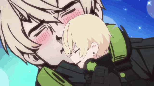 a cartoon drawing of a man kissing another man 's cheek