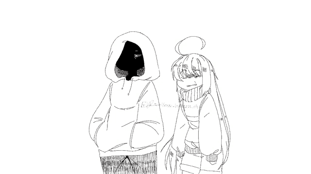 a black and white drawing of a person in a hoodie standing next to another person .