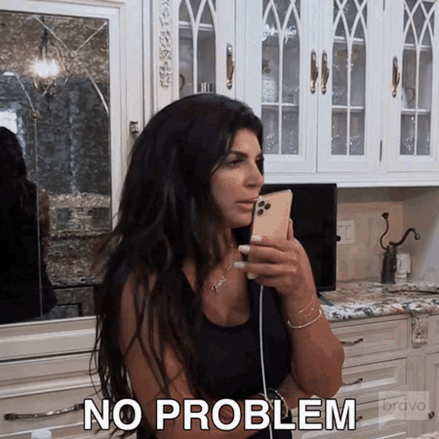 a woman in a kitchen holding a cell phone with the words no problem written below her