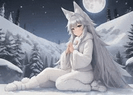 a white anime girl with long hair is sitting in the snow in front of a mountain .