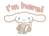 cinnamoroll is riding a bike and saying i 'm here !