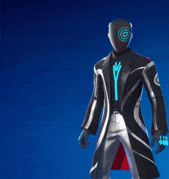 a man in a futuristic outfit has the letter e on his gloves
