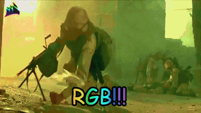 a soldier holding a gun with the words rgb !!! written on the bottom