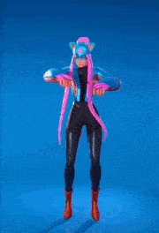 a woman in a cat mask is dancing with her arms in the air on a blue background .