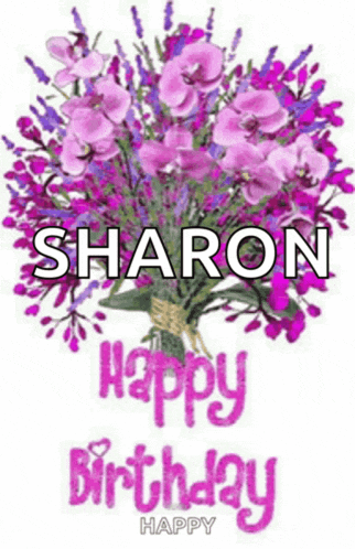 a bouquet of purple flowers with sharon written on it