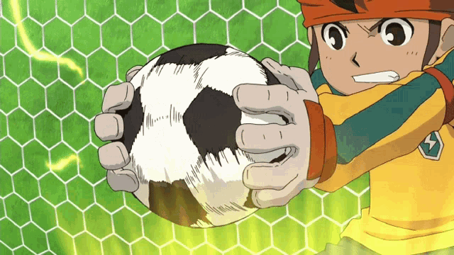 a cartoon character is holding a soccer ball in front of a goal net