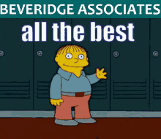 a cartoon character standing in front of lockers with the words beverridge associates all the best above him