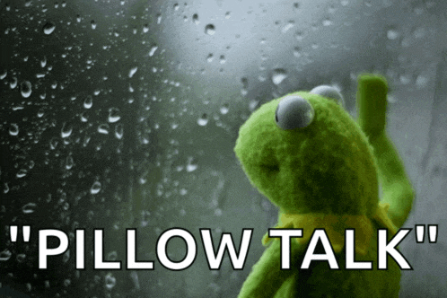 a kermit the frog looking out a window with the words " pillow talk " below him