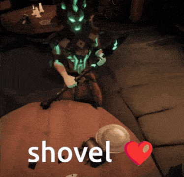 a video game character is holding a shovel and a heart