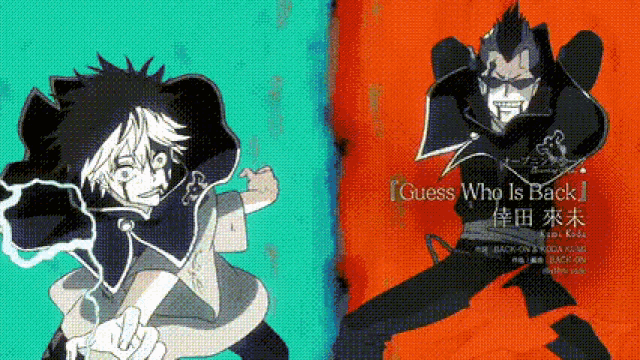 two anime characters are standing next to each other with the words guess who is back written on the bottom