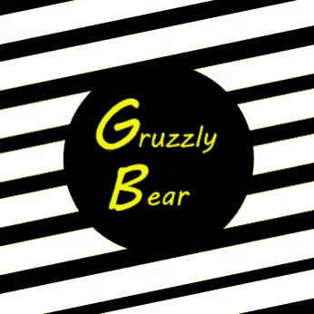 a black and white striped background with grizzly bear in yellow