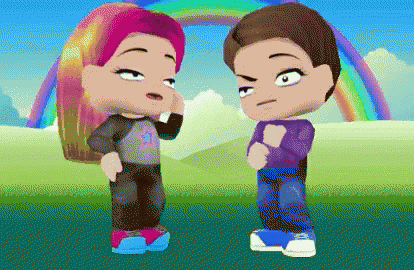 a boy and a girl are standing in front of a rainbow