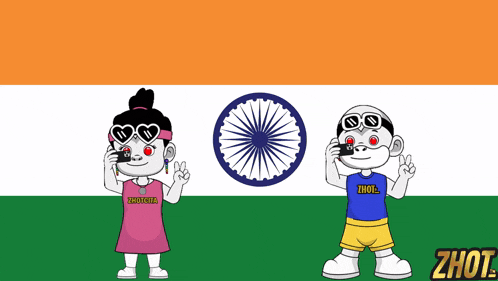 a cartoon of a boy and a girl standing in front of an india flag