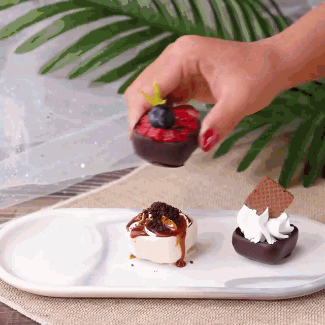 a person holding a strawberry and a blueberry on a plate