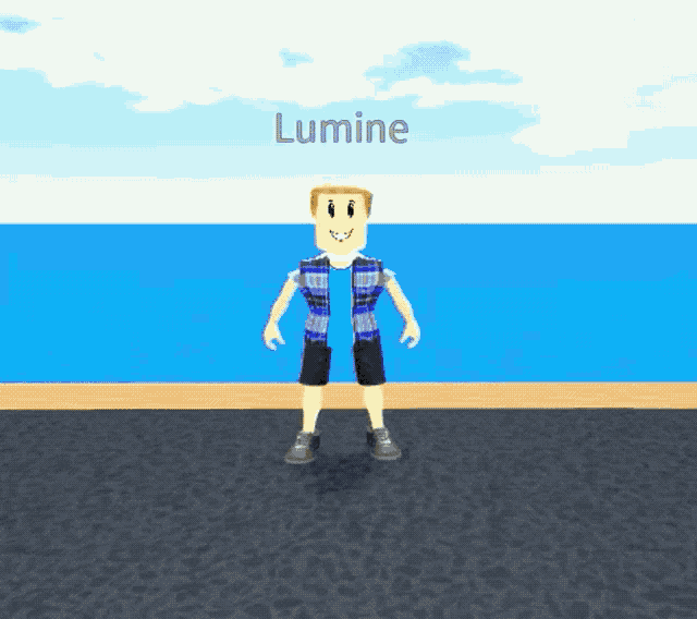 a cartoon character named lumine is standing in front of a body of water