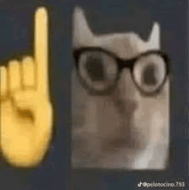 a dog wearing glasses is next to a yellow hand making a rock sign .