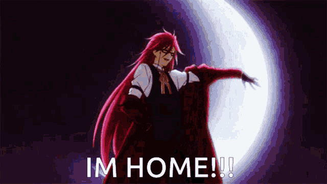 a red haired anime character is standing in front of a full moon with the words `` im home '' written on the bottom .