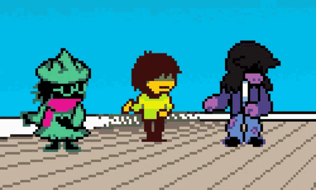 three pixel art characters standing next to each other on a blue background