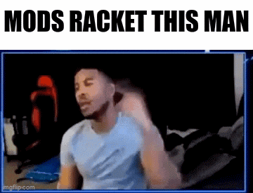 a man in a blue shirt is sitting in front of a screen with the words mods racket this man on it .