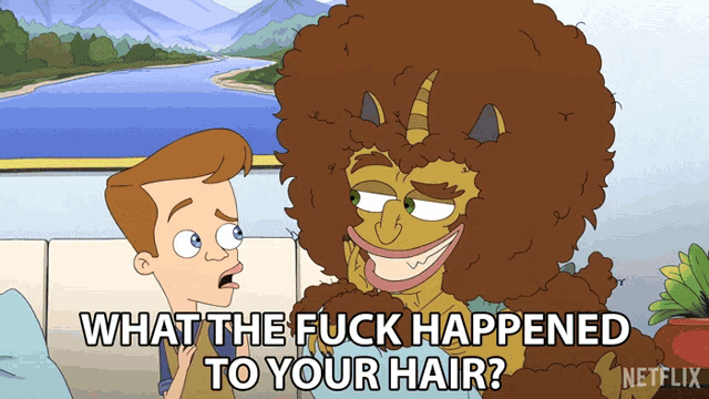 a cartoon of a man talking to a monster with the words what the fuck happened to your hair
