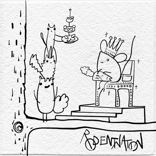 a black and white drawing of a cat with a crown sitting on a throne with the word " dentation " below it