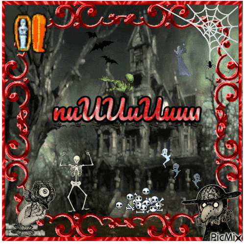 a picture of a haunted house with skeletons and ghosts and the words nuuuuuuuu on it