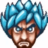 a pixel art illustration of a man with a beard and blue hair wearing a turban .