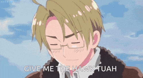 a man with glasses is smiling and says give me the hawk tuah .