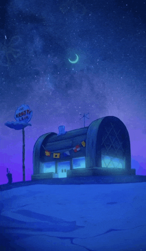 a cartoon drawing of a krusty krab restaurant at night
