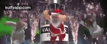 a cartoon of santa claus standing in a bottle of vodka .