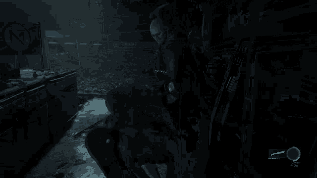 a screenshot of a video game shows a woman holding a bow and arrow in a dark room