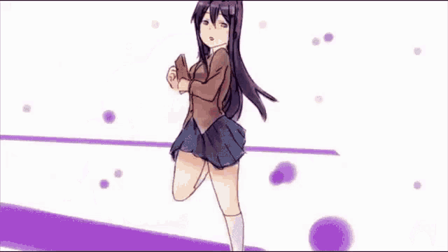 a girl with long purple hair is holding a book and waving her hand .