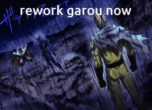 a picture of a man with the words rework garou now on it