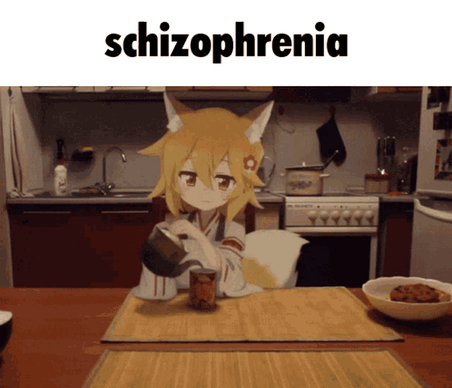 a fox girl is sitting at a table with the word schizophrenia written above her
