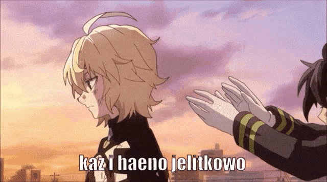 a couple of anime characters with the words kaz i haeno jelitkowo written on the bottom