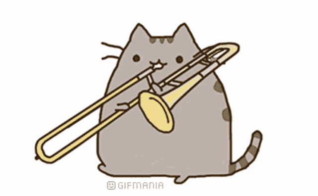 a cartoon of a cat playing a trombone with gifmania written on the bottom