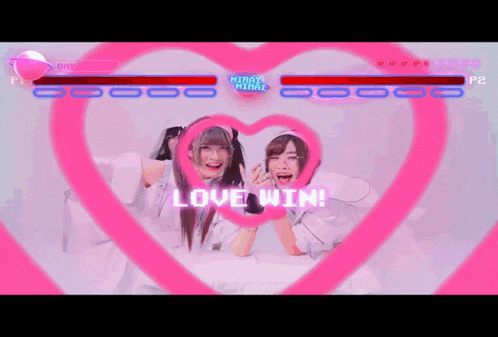 a video game screen shows two girls in a heart with the words love win on it