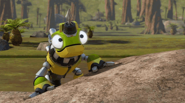 a cartoon character is standing on a rock