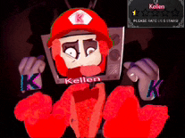 a cartoon character with a red hat and a sign that says kellen