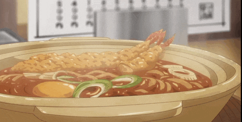 a cartoon drawing of a bowl of noodles with shrimp