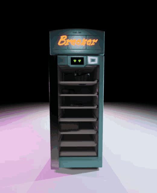 an empty breezer fridge with a green light on the door