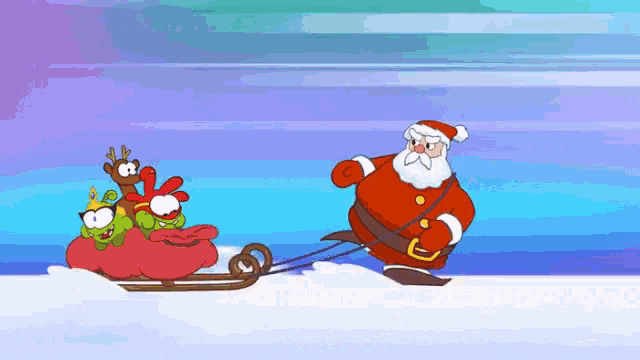 a cartoon drawing of santa pulling a sleigh with a reindeer