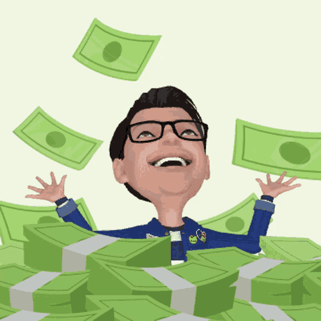 a cartoon character is surrounded by a pile of money with a dollar bill flying in the air
