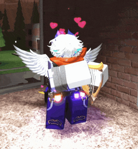 a cartoon character with wings holding a harp and hearts on his head