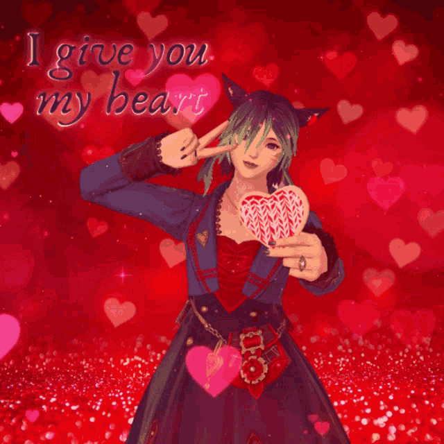 a valentine 's day card with a girl holding a heart and the words " i give you my heart "