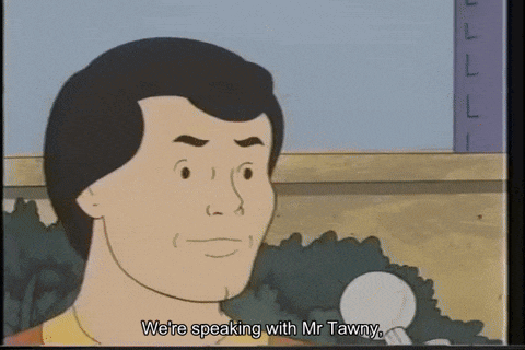 a cartoon of a man talking into a microphone with the words " we 're speaking with mr tawny " below him