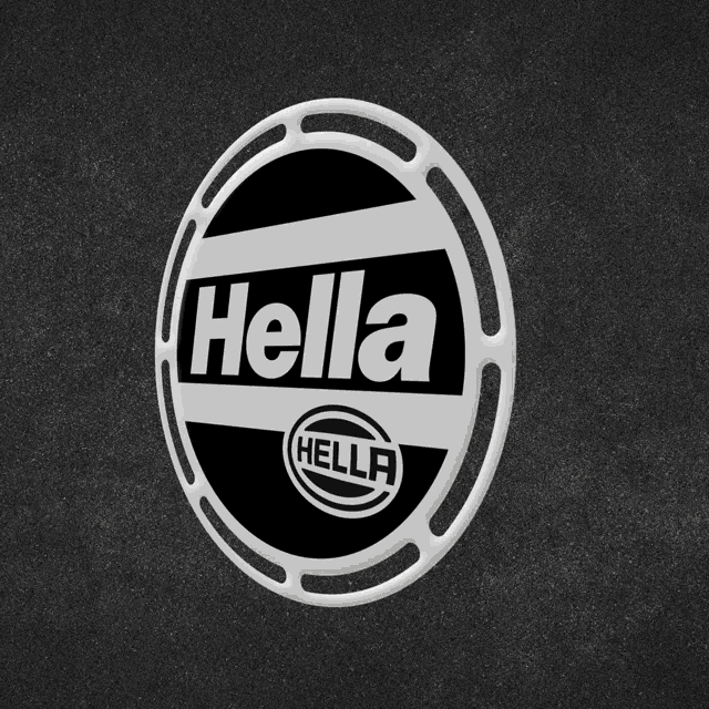 a logo for hella is lit up on a dark background