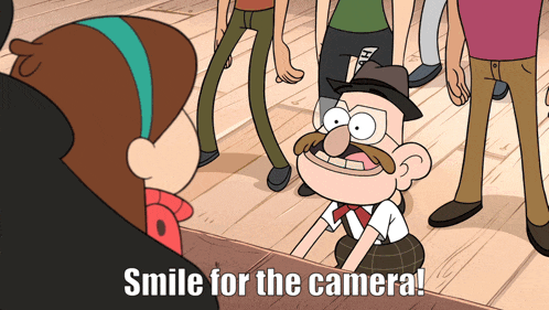 a cartoon character says smile for the camera in front of a group of people