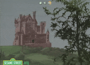 a painting of a castle with the words sesame street .org below it